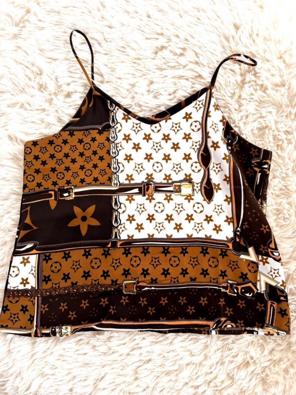 Brown & White Patterned Satin Cami with Adjustable Straps